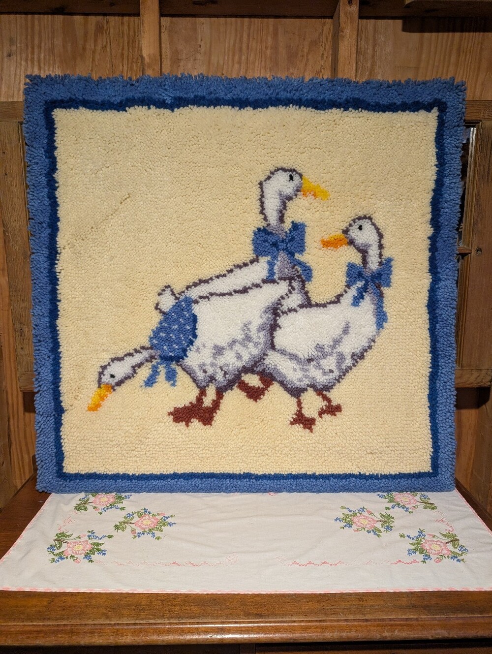 Vintage Rare 80's Country Ribbon Geese Latch Hook Completed Wall Hanging Kit